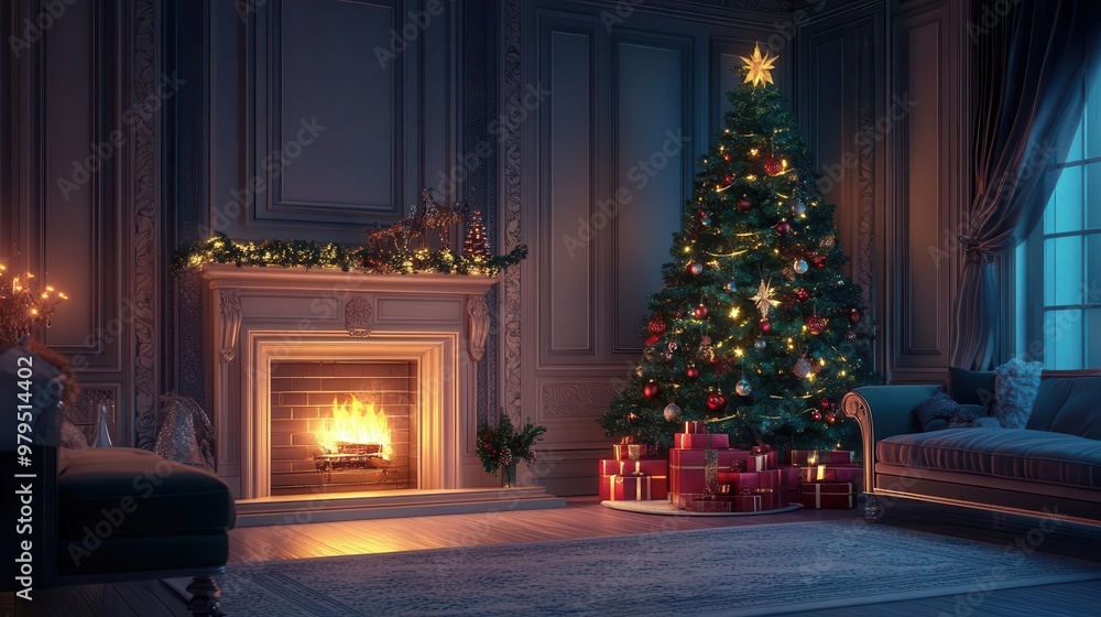 enchanting christmas living room with glowing fireplace and beautifully adorned tree 3d illustration enchanting christmas living room with glowing fireplace and beautifully adorned tree 3d illustration