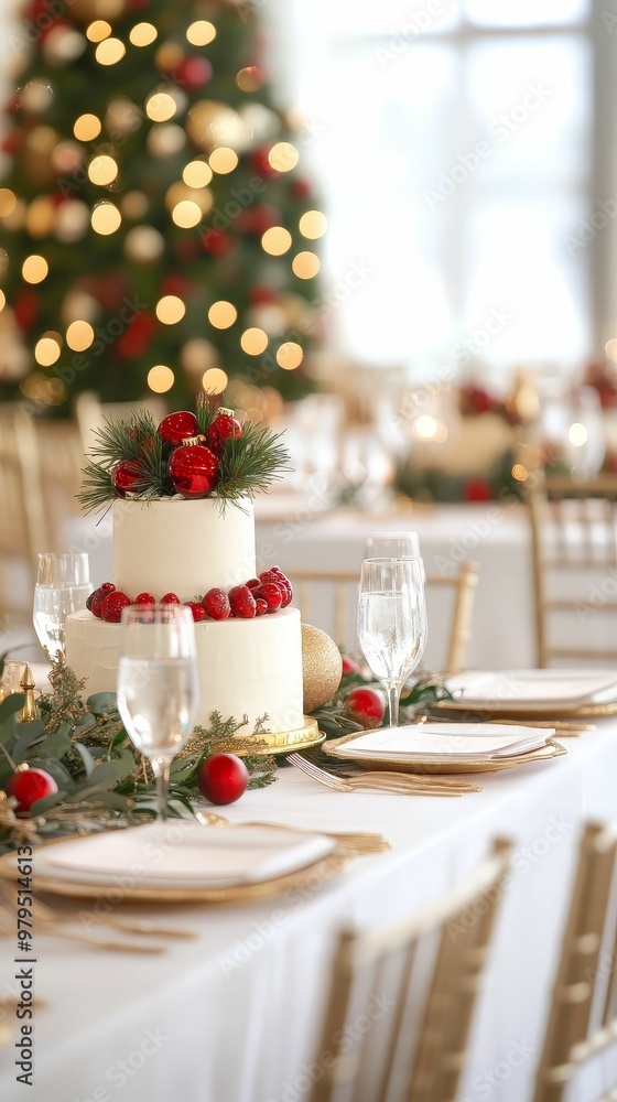 Christmas wedding reception with tables decorated in red and gold, a holidaythemed cake, guests enjoying the festive atmosphere Christmas wedding reception with tables decorated in red and gold, a holidaythemed cake, guests enjoying the festive atmosphere