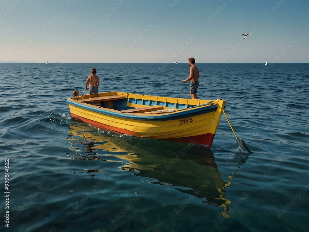 Boat and jumping fish in the water Boat and jumping fish in the water