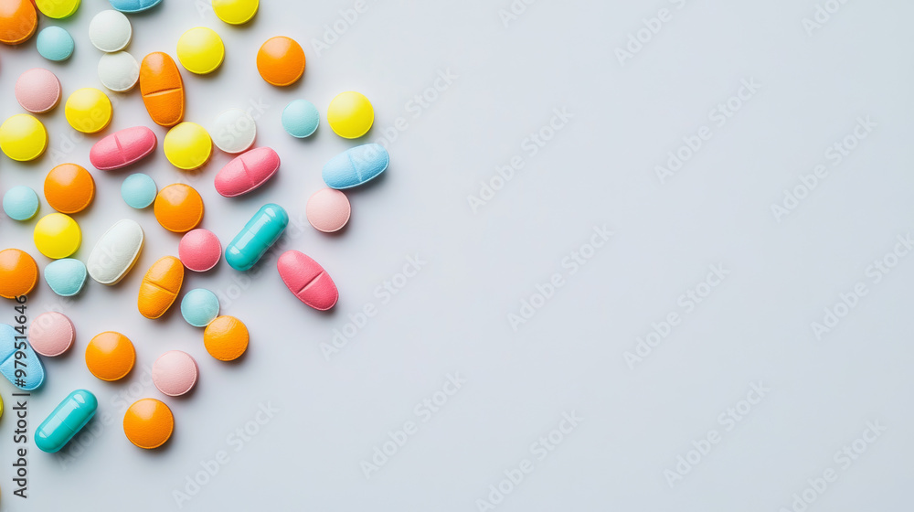A bunch of colorful vitamin pills against a plain white backdrop. A bunch of colorful vitamin pills against a plain white backdrop.