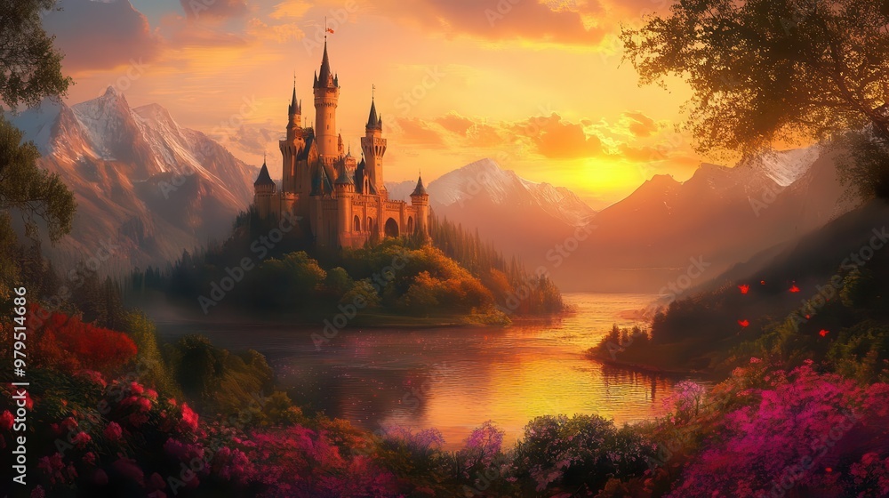 Naklejka premium enchanting fairy tale castle at dusk dreamy landscape digital painting