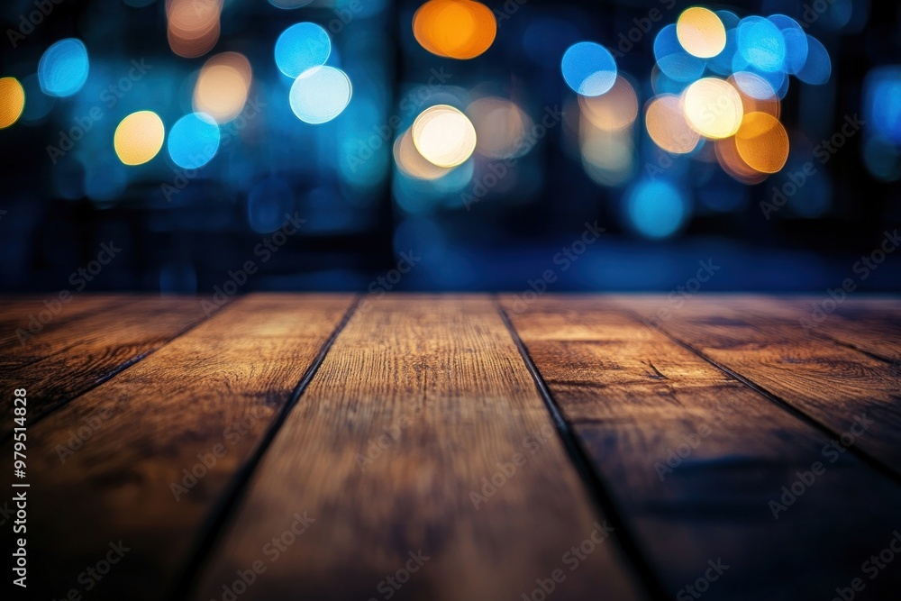 Rustic wooden table, bokeh lights