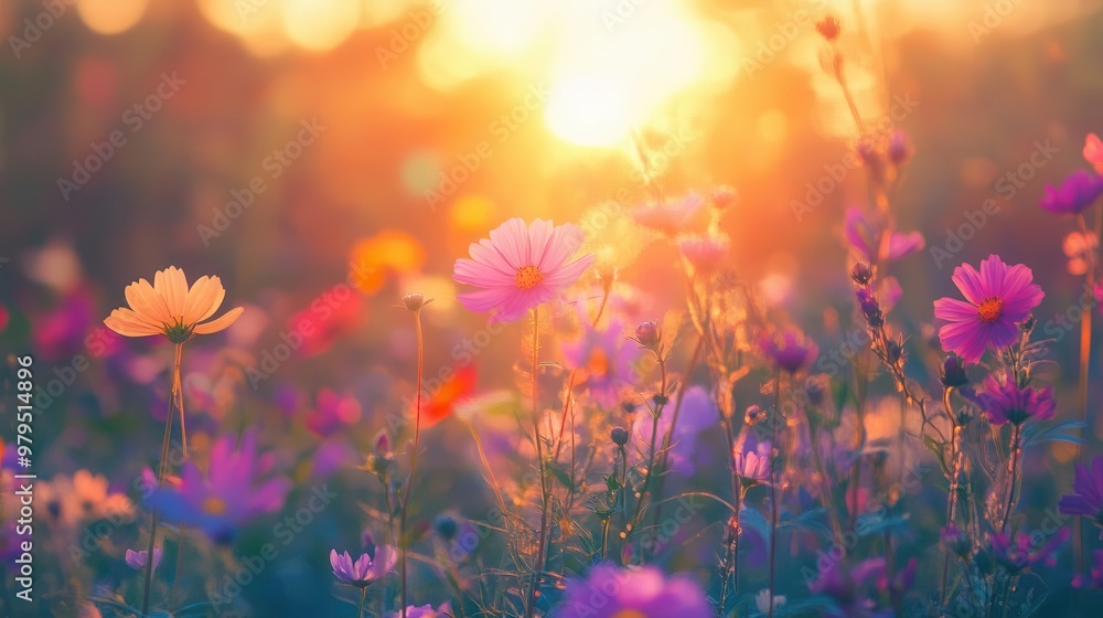 Obraz premium enchanting meadow of wildflowers at sunset dreamy floral landscape photography