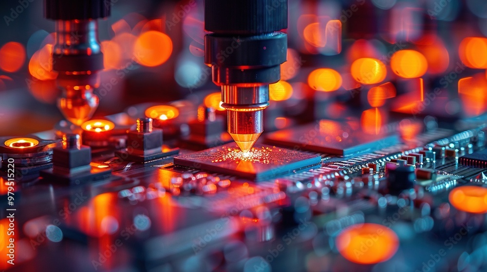 Precision in Focus: Close-Up of a Lithography Machine’s Laser Head Engraving Chips, Showcasing Cutting-Edge Technology Precision in Focus: Close-Up of a Lithography Machine’s Laser Head Engraving Chips, Showcasing Cutting-Edge Technology