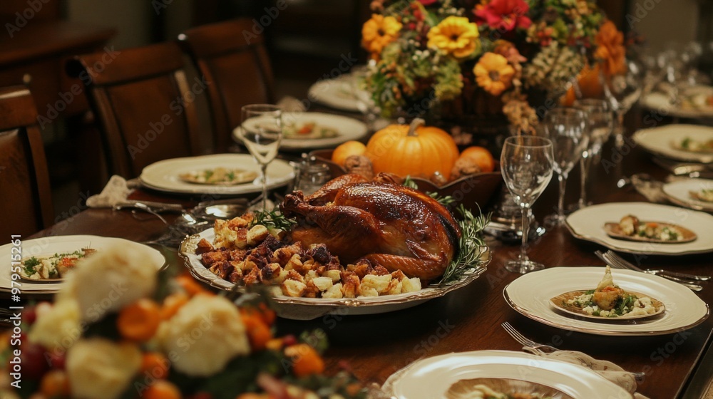 Roasted Turkey with Stuffing and Side Dishes on a Table Setting Roasted Turkey with Stuffing and Side Dishes on a Table Setting