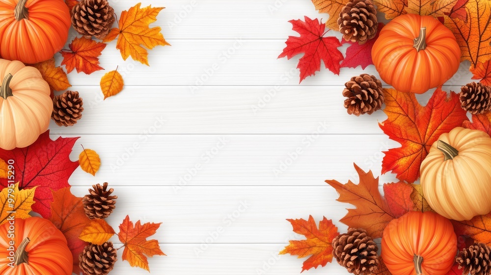 A charming autumn arrangement with vibrant pumpkins, crisp leaves, and pine cones laid against a rustic white wooden backdrop, creating a warm seasonal atmosphere A charming autumn arrangement with vibrant pumpkins, crisp leaves, and pine cones laid against a rustic white wooden backdrop, creating a warm seasonal atmosphere