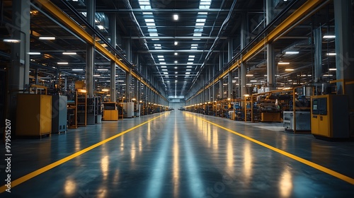 Inside a well-maintained industrial factory with ample lighting, emphasizing clean surfaces and machinery in an index-style layout photo