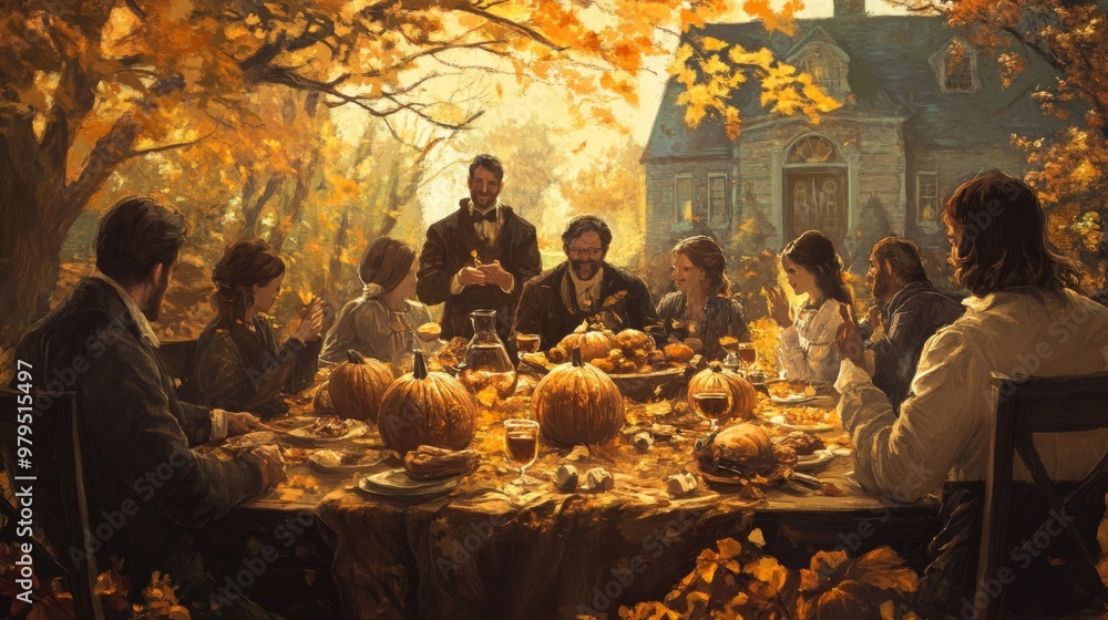 A Family Gathering Around A Table During Autumn A Family Gathering Around A Table During Autumn