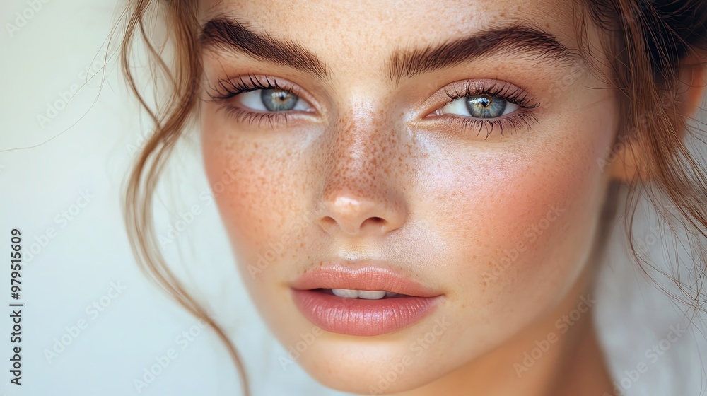 Close-up portrait of a woman with freckles and natural makeup. Close-up portrait of a woman with freckles and natural makeup.