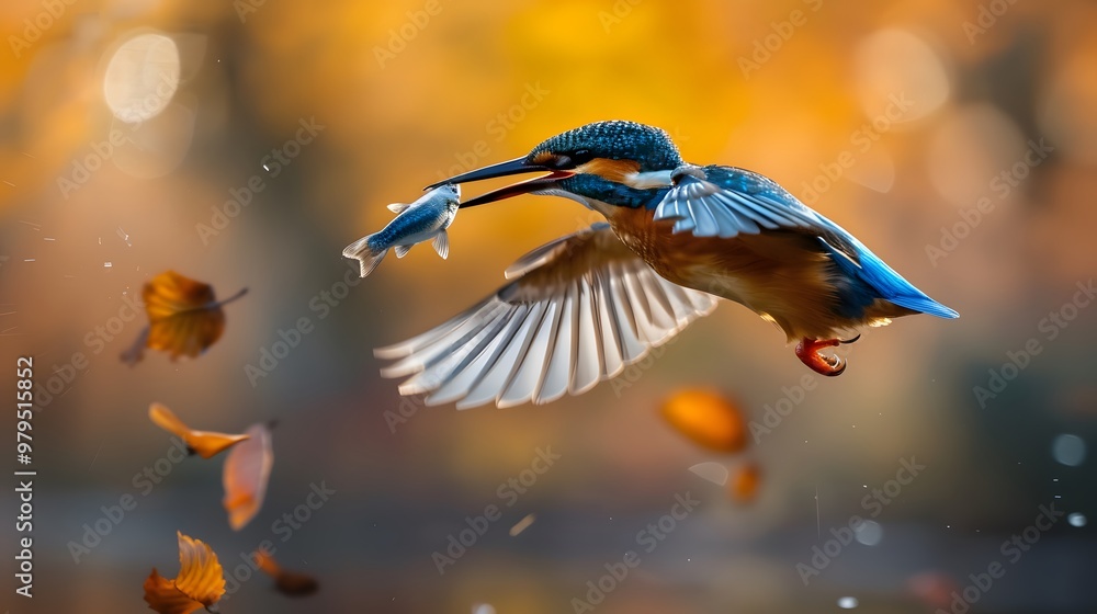 Fototapeta premium Kingfisher in Flight with Fresh Fish Catch: A Dynamic Wildlife Moment