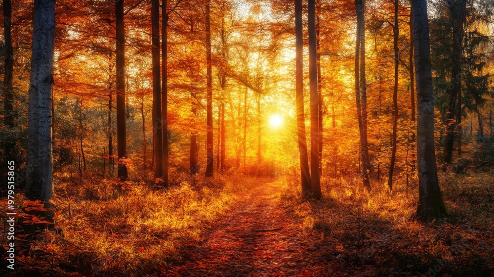 Sunbeams illuminating a path through a golden autumn forest Sunbeams illuminating a path through a golden autumn forest