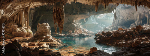 A rugged karst cave system, with labyrinthine passageways and hidden chambers filled with stunning rock formations and underground rivers photo