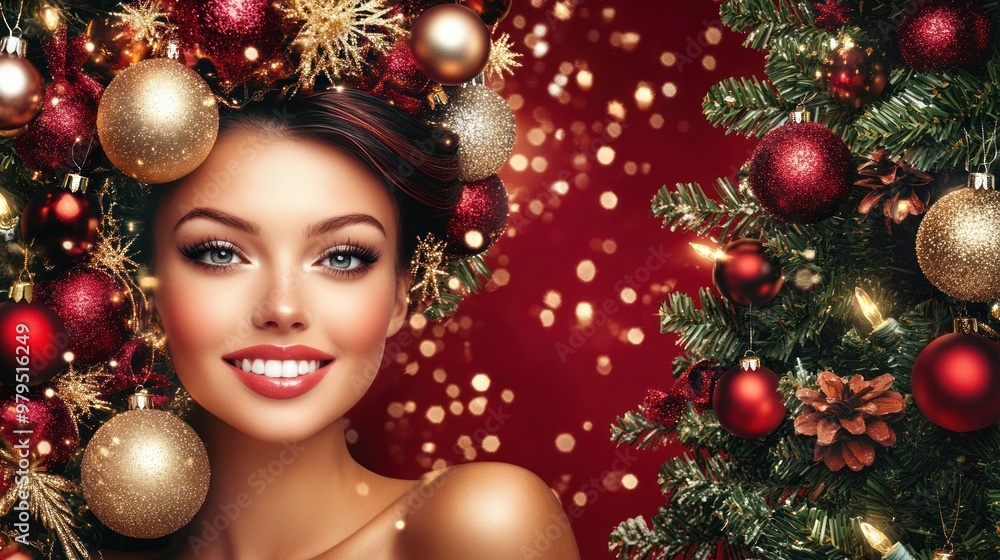 Festive woman with glittery hair deco and pine tree Festive woman with glittery hair deco and pine tree