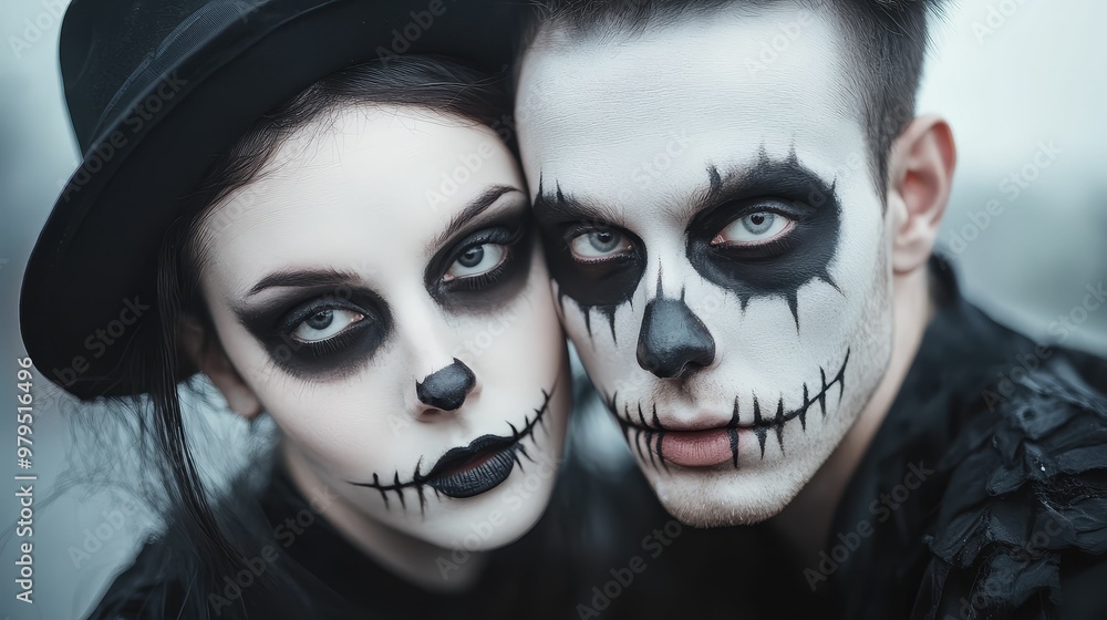 Couple with matching gothic makeup, dark attire, and sinister Halloween expressions Couple with matching gothic makeup, dark attire, and sinister Halloween expressions