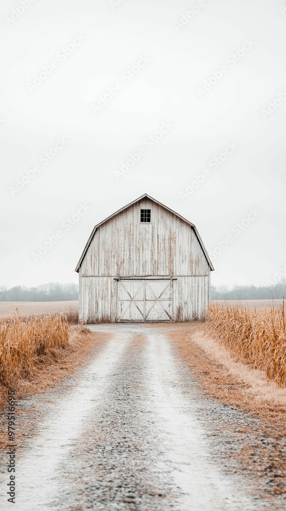 A barn with quarantine signs, surrounded by deserted fields under a gray sky A barn with quarantine signs, surrounded by deserted fields under a gray sky