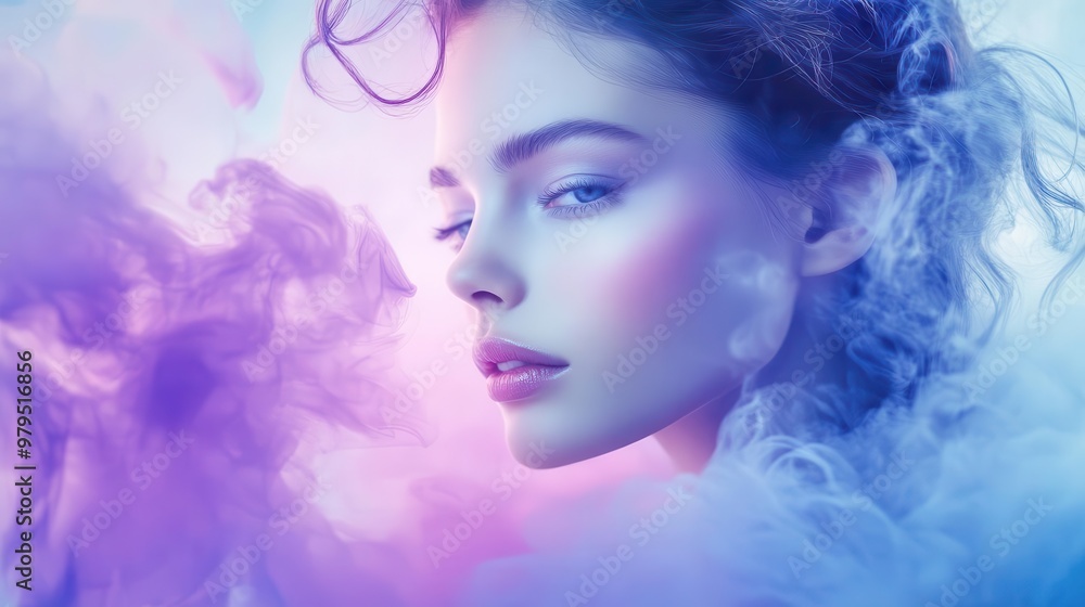 ethereal young woman enveloped in dreamy purple haze pastel blue background abstract fashion portrait ethereal young woman enveloped in dreamy purple haze pastel blue background abstract fashion portrait