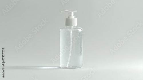 A clear pump bottle of hand sanitizer sits on a white background. Hand sanitizer helps get rid of germs, bacteria, and viruses, including those that can cause the flu.