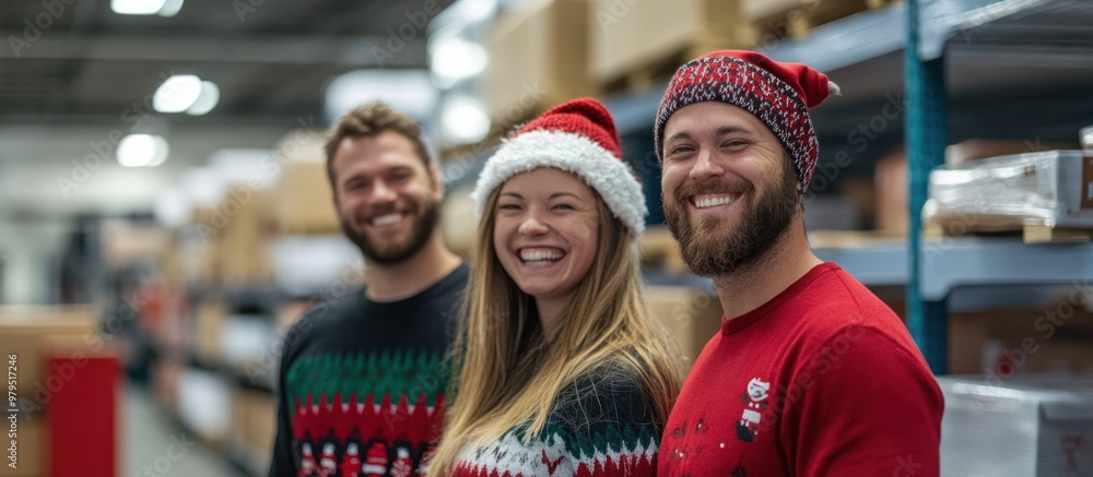 Fototapeta premium Team camaraderie in festive sweaters and hats