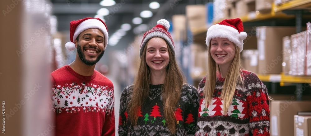 Obraz premium Cheerful trio in Christmas sweaters at logistics center