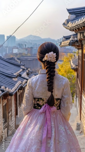 Back view of korean asian woman in traditional korean dress or hanbok dress walking in old palace in night with full moon, Seoul city, South Korea,copy space.