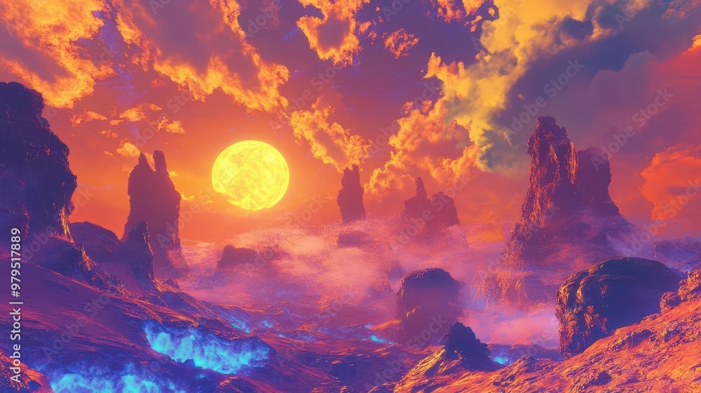 Fototapeta premium fantastical alien planet landscape swirling iridescent clouds bioluminescent flora otherworldly terrain with impossible geological formations vibrant dreamlike atmosphere