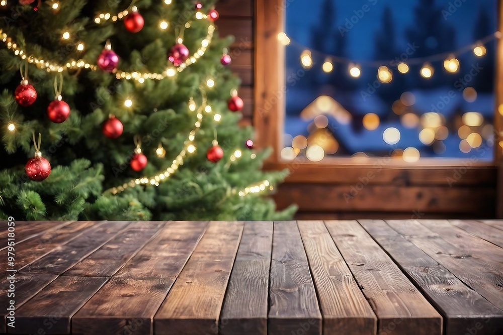 Empty rustic wooden table against a blurry Christmas living room decor with copy space. Christmas background. Empty rustic wooden table against a blurry Christmas living room decor with copy space. Christmas background.