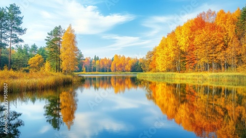 Autumnal Forest Reflected in a Still Lake