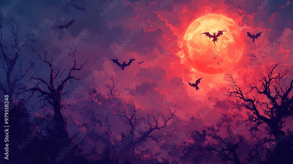 Halloween Night Sky with Red Moon and Bats Halloween Night Sky with Red Moon and Bats