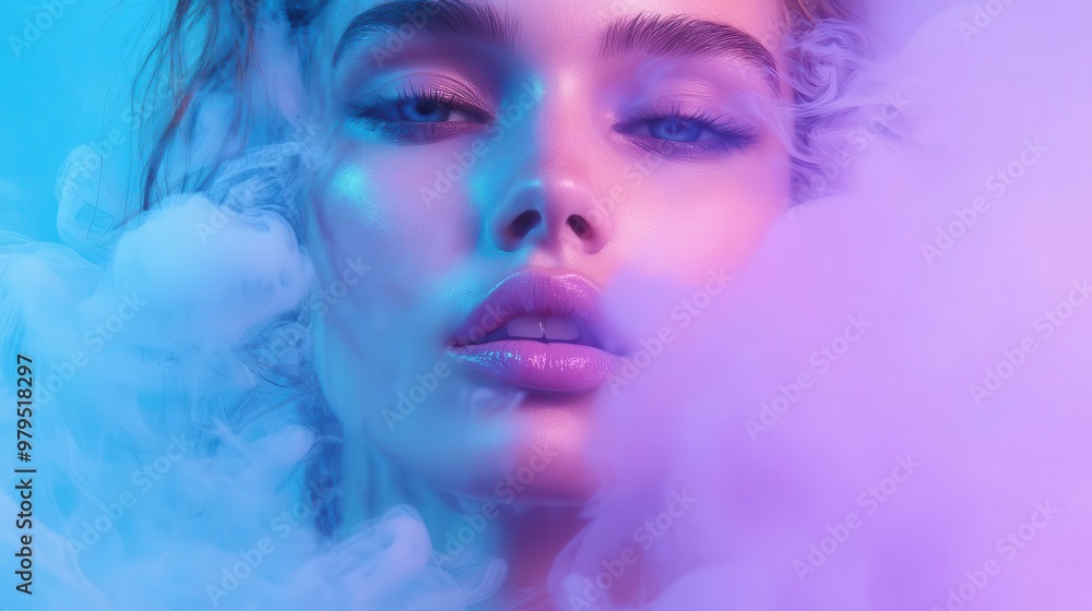 fashion model enveloped in swirling lavender smoke ethereal and dreamlike set against soft pastel blue backdrop closeup portrait capturing enigmatic expression fashion model enveloped in swirling lavender smoke ethereal and dreamlike set against soft pastel blue backdrop closeup portrait capturing enigmatic expression