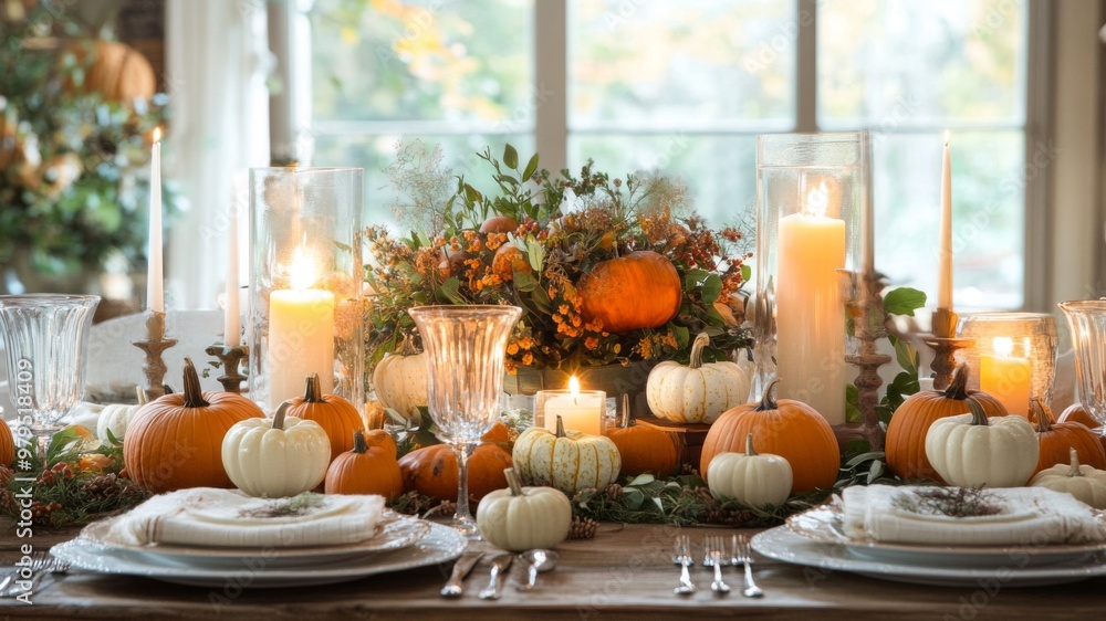 Autumnal Table Setting with Pumpkins and Candles Autumnal Table Setting with Pumpkins and Candles