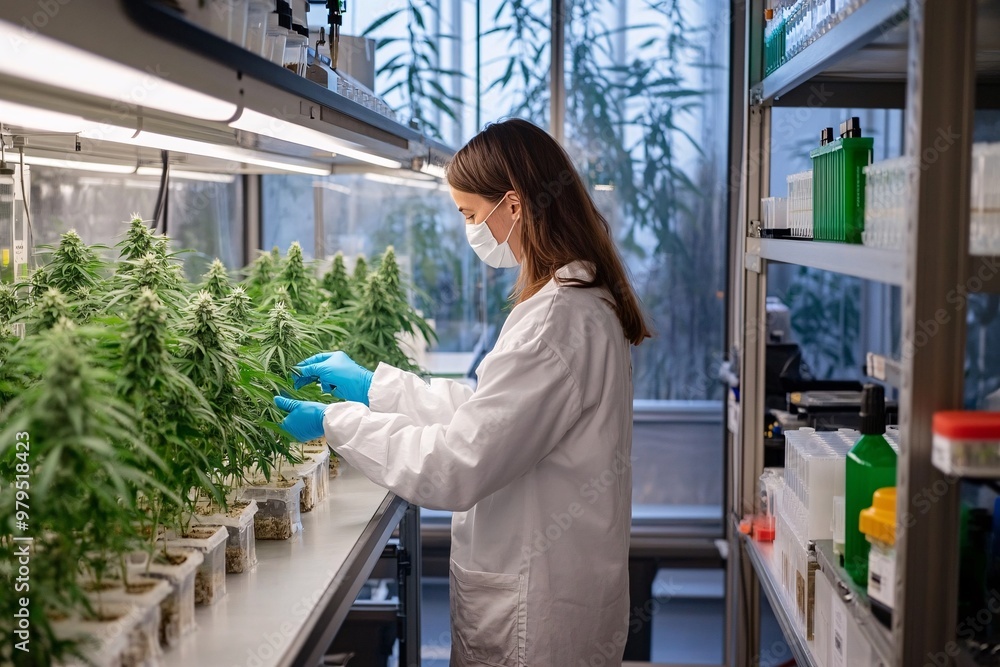 Indoor cannabis cultivation lab with young and mature plants, highlighting scientific and agricultural aspects Indoor cannabis cultivation lab with young and mature plants, highlighting scientific and agricultural aspects