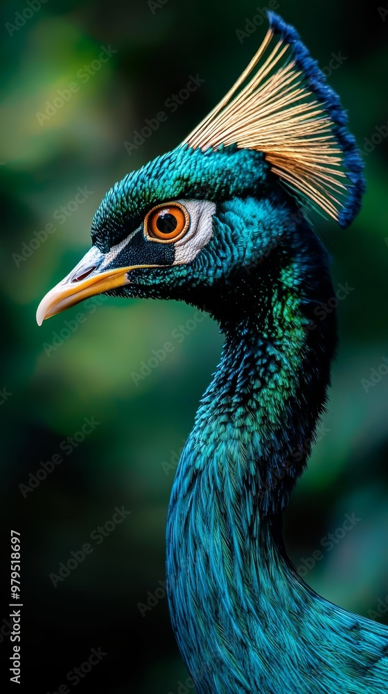 Obraz premium A peacock's head with a single feather against a green backdrop