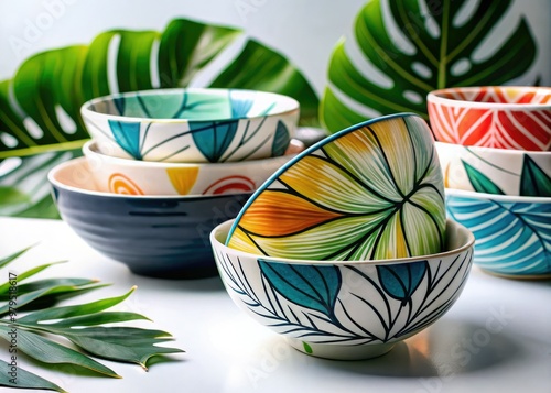 playful still life of colorful ceramic bowls amidst hand-illustrated tropical leaves and bold black lines on crisp white background with high contrast and sharp focus