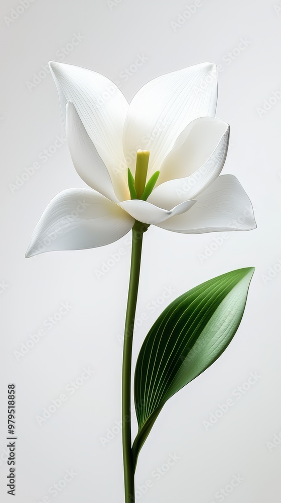 A tight shot of a white bloom featuring a green leaf protruding from its stem A tight shot of a white bloom featuring a green leaf protruding from its stem