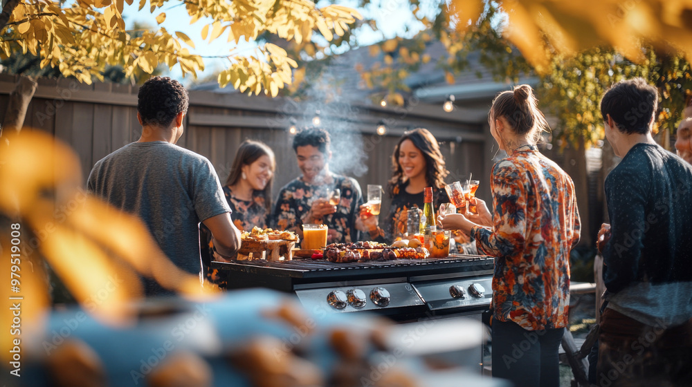 Outdoor gathering with people having a meal in autumn setting Outdoor gathering with people having a meal in autumn setting