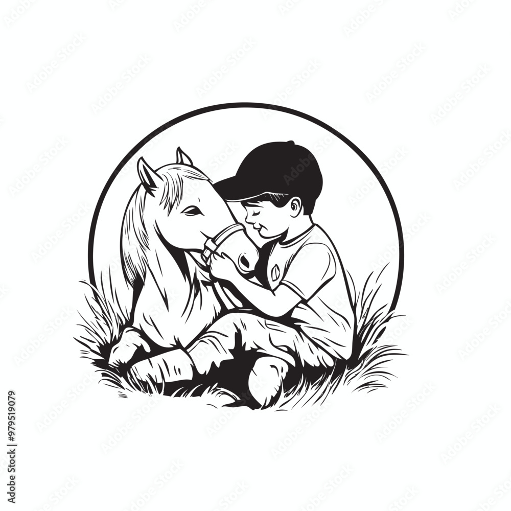 little kid with horse pets vector little kid with horse pets vector
