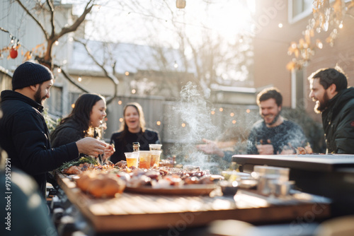 Group of people enjoying winter barbecue in a backyard