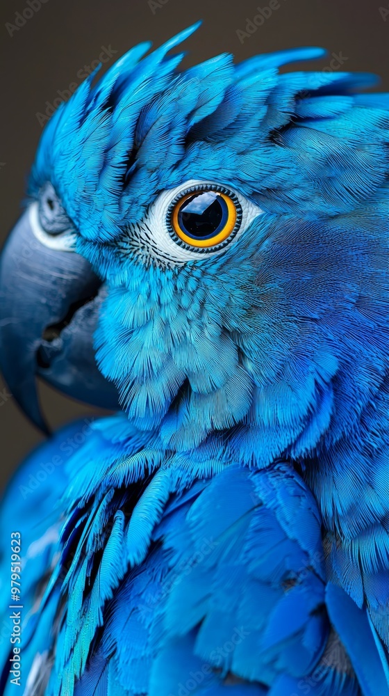 Fototapeta premium A tight shot of a blue parrot's face with a yellow-eyed bird in the foreground