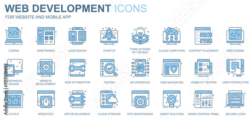Web development icons set in duotone line design. Pack of coding, ui, ux, startup, cloud computing, content placement, optimization, api interface, other outline stroke pictograms. Vector illustration