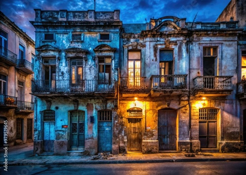 Urban Decay Old Havana Silhouetted Window Frames Crumbling Buildings Rich Textures Vibrant Street Art Moody Blue Hour