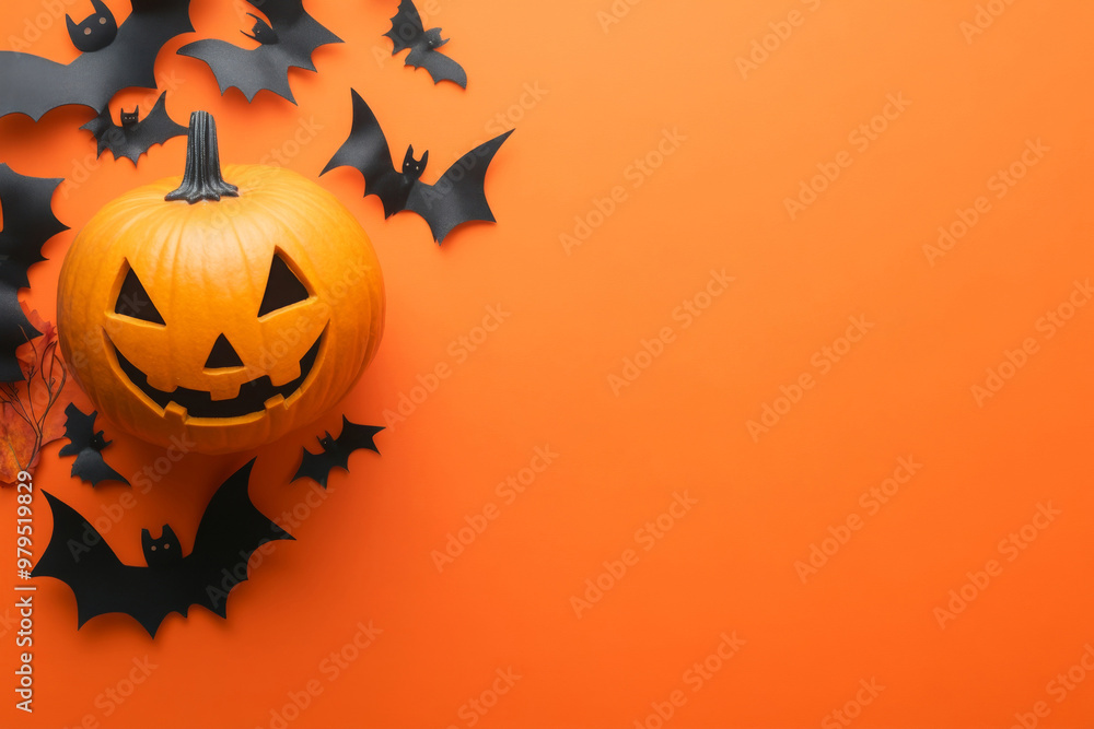 Pumpkin with carved face, bats and autumn leaves on orange background Pumpkin with carved face, bats and autumn leaves on orange background