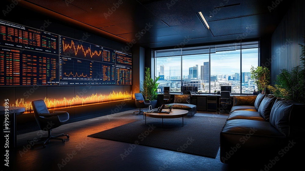 A modern finance office with stock charts on large screens A modern finance office with stock charts on large screens