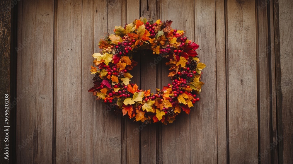 Autumnal Wreath with Red Berries and Fall Foliage on Wooden Door Autumnal Wreath with Red Berries and Fall Foliage on Wooden Door