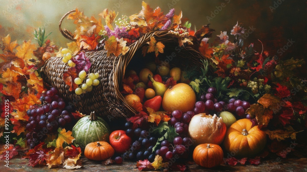 Fototapeta premium Autumnal Still Life with a Wicker Basket Overflowing with Fruit and Fall Leaves