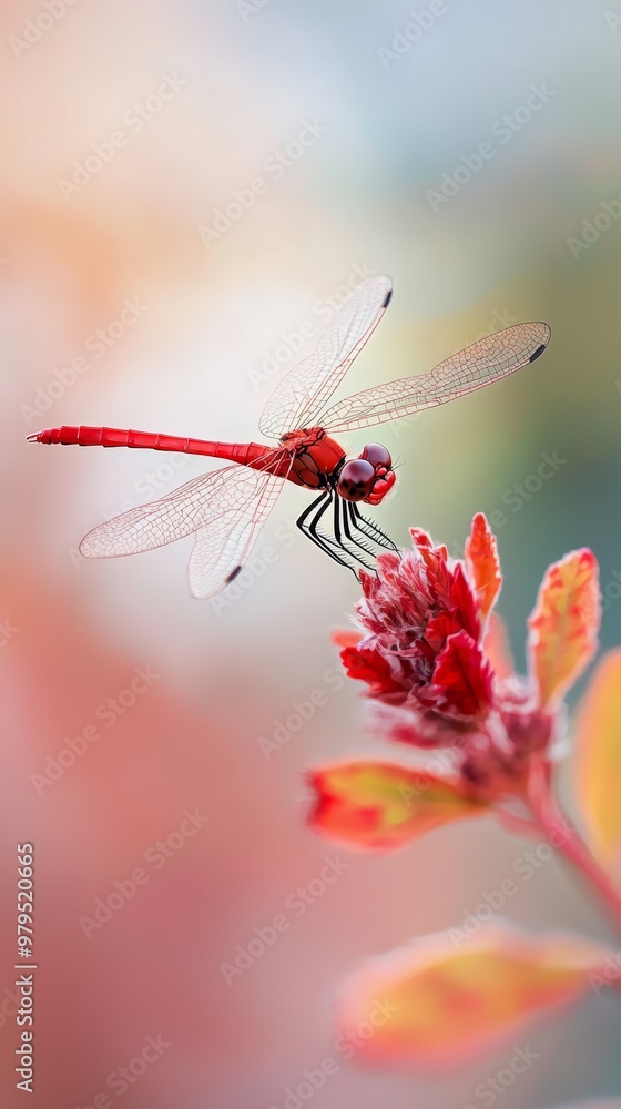 A red dragonfly perches above a red flower Nearby stands a plant with red and green leaves A red dragonfly perches above a red flower Nearby stands a plant with red and green leaves