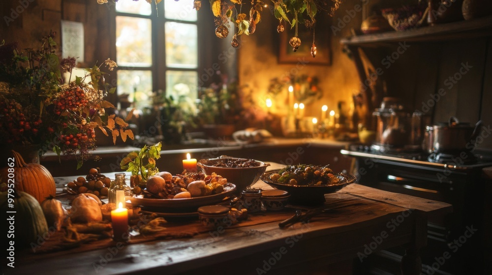 Rustic Autumnal Table Setting with Candles and Pumpkins Rustic Autumnal Table Setting with Candles and Pumpkins