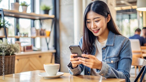 Young woman using smartphone for online shopping in a coffee shop
