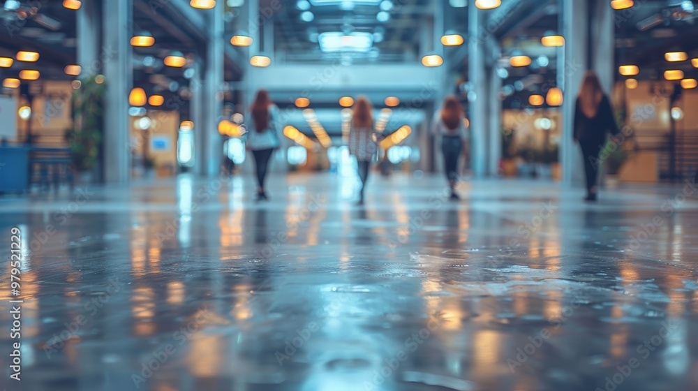A modern architectural interior with a polished reflective floor and blurred figures walking, capturing the essence of contemporary urban design and activity A modern architectural interior with a polished reflective floor and blurred figures walking, capturing the essence of contemporary urban design and activity