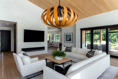 A chandelier with a mix of wood and metal, suspended in a modern coastal home, complementing light, airy decor photo