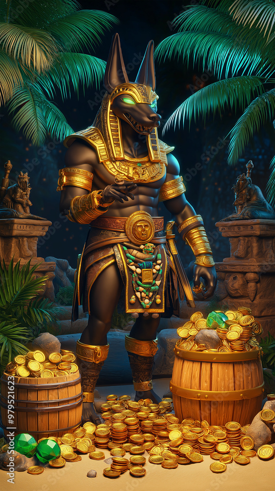 Fototapeta premium The temple with palm trees and a statue of a god, game background, Anubis, Illustration